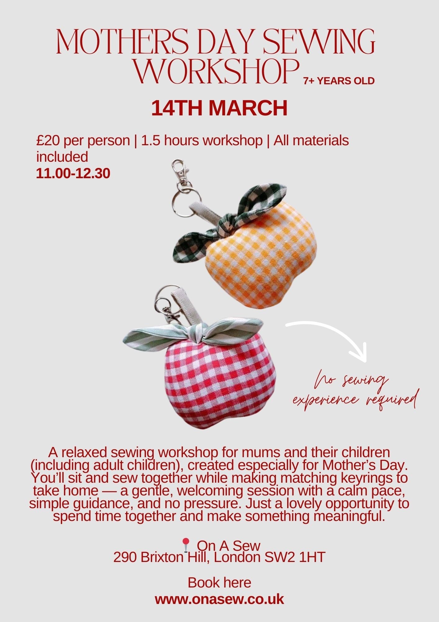 Mother’s Day Sewing Workshop: Matching Keyrings with Embroidered Initials (Ages 7+)