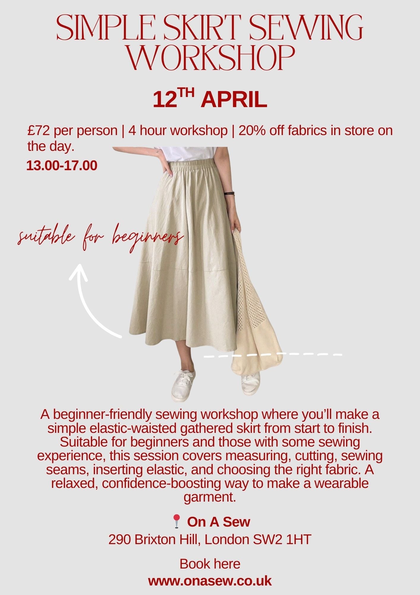 Simple skirt sewing workshop for adults- 12th April