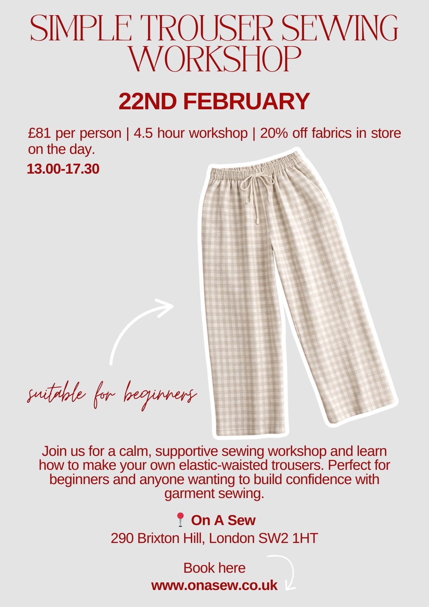 Simple trousers sewing workshop for adults- 22nd February